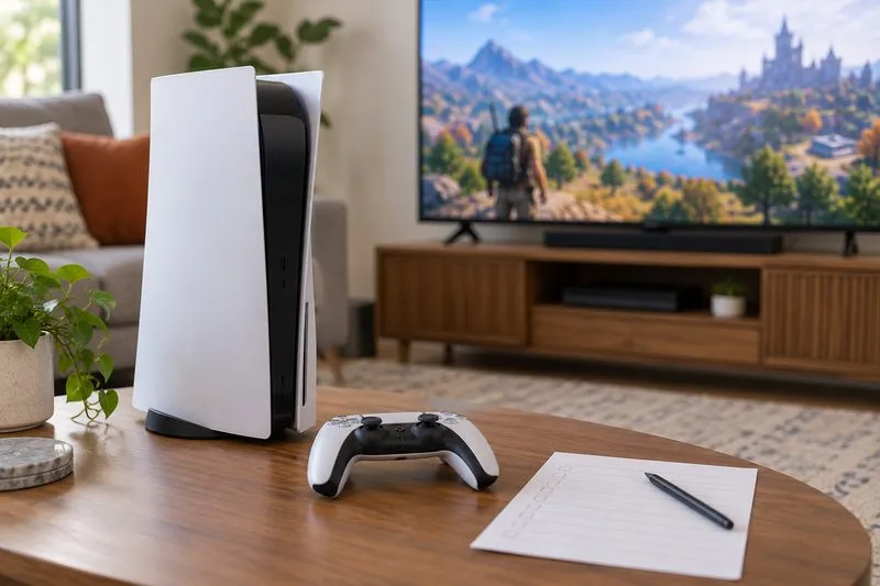 A white-and-black game console and controller sit beside a television and a blank budget sheet on a living-room table.