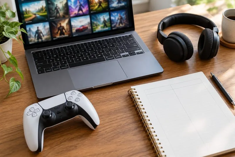 A controller, headset, laptop with a blurred game-library grid, and blank budget notebook sit on a sunlit desk.