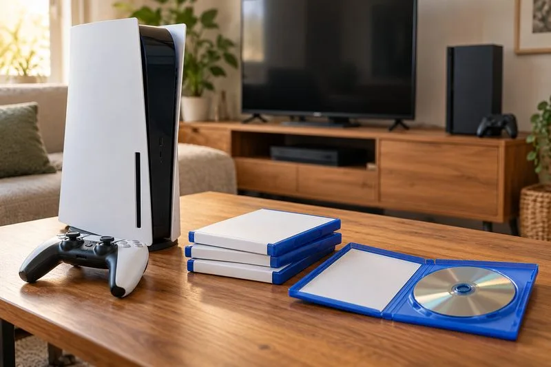 A disc-drive game console, a reflective game disc, and three unbranded game cases are arranged on a wooden table.