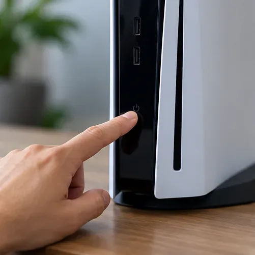 นิ้วกดปุ่มเปิด/ปิดที่ด้านหน้าของเครื่องเล่นเกม PS5