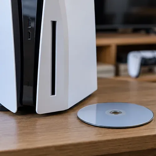 เครื่องเล่นเกม PS5 ที่มีช่องใส่แผ่นดิสก์วางอยู่ข้างๆ แผ่นบลูเรย์