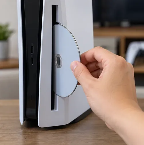 มือข้างหนึ่งกำลังใส่แผ่นดิสก์เข้าไปในเครื่อง PS5 ที่ตั้งตรงอยู่