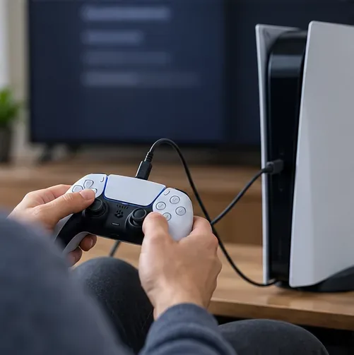 จอยควบคุม PS5 เชื่อมต่อกับเครื่องคอนโซลผ่านสาย USB ในขณะที่ผู้ใช้กำลังดูเมนูที่ปรับโฟกัสอย่างนุ่มนวล