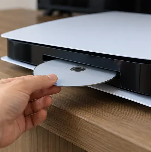 มือข้างหนึ่งใส่แผ่นดิสก์เข้าไปในเครื่อง PS5 ที่วางในแนวนอน