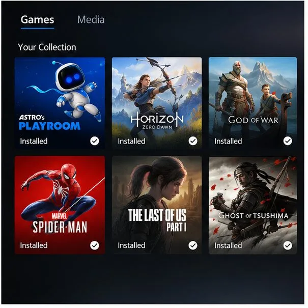 Biblioteca de jogos ilustrativa com várias peças de jogo instaladas e marcadas como "Instaladas".