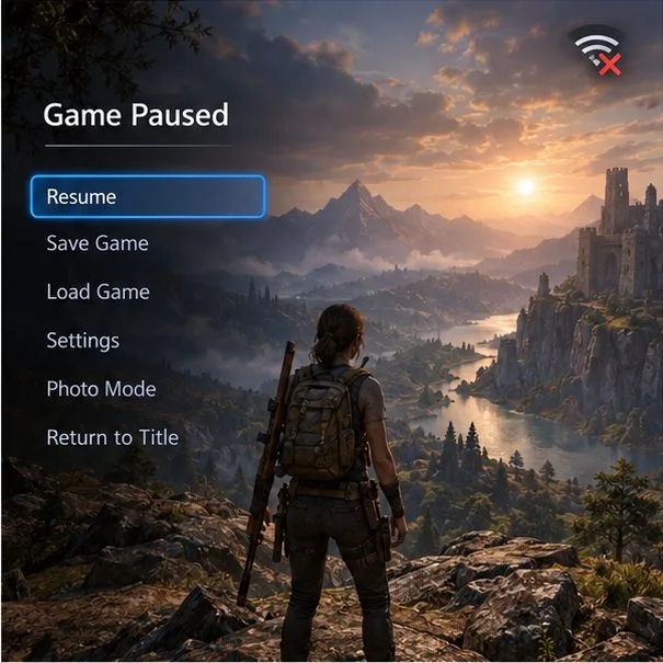 Imagem ilustrativa de um jogo para um jogador pausado na tela de um console, exibindo um símbolo de Wi-Fi desconectado.