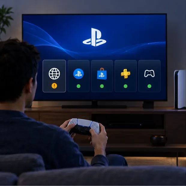 A player checks PlayStation service indicators on a television before following an offline gaming checklist.