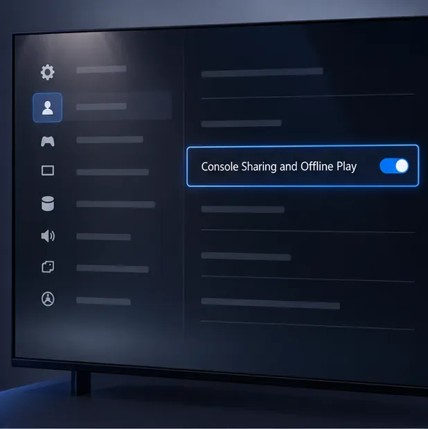 A PS5 settings screen with the Console Sharing and Offline Play toggle enabled.