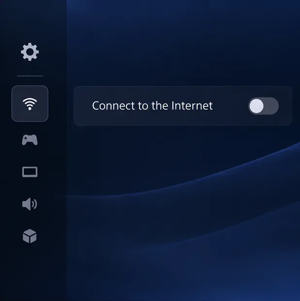 The PS5 Network settings screen shows Connect to the Internet switched off.