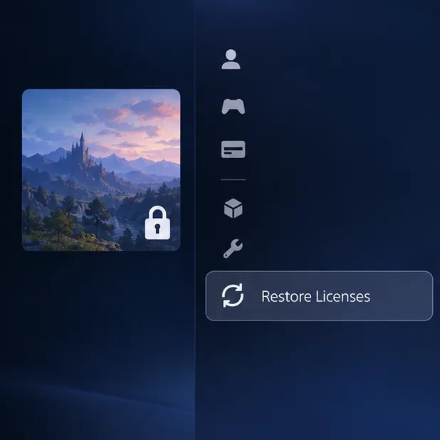 A PS5 game tile displays a padlock beside the Restore Licenses setting.