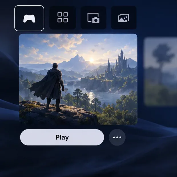 A PS5 home screen with a generic single-player game selected and a Play button.