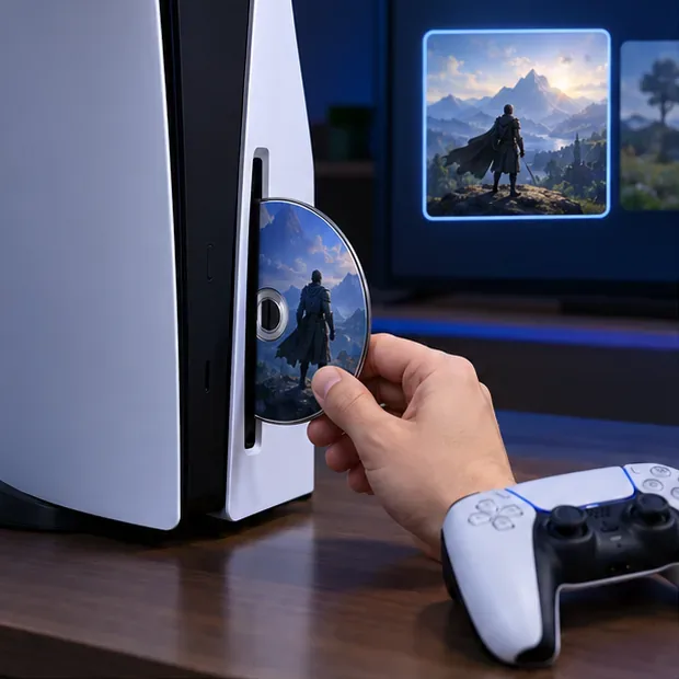 A player inserts a game disc into a disc-drive PS5 while a game is selected on the television.