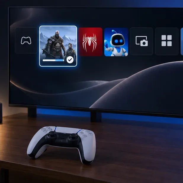 A PS5 home screen with a selected game tile and completion check, representing an installed game ready before an outage.
