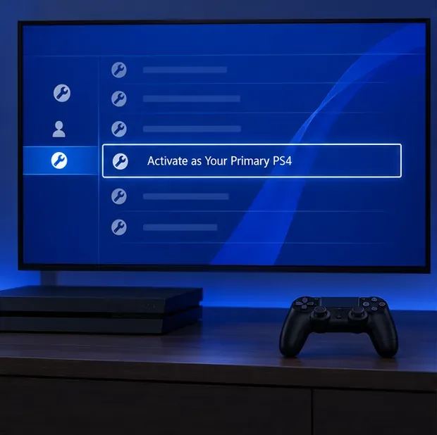 A PS4 settings screen with Activate as Your Primary PS4 highlighted.