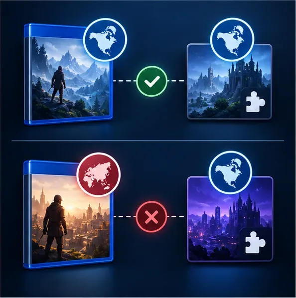A game disc and add-on card share a blue region badge in the upper example, while a mismatched pair is marked with a red X below.