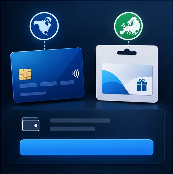 A generic checkout panel displays a payment card and a wallet voucher card with separate region badges.