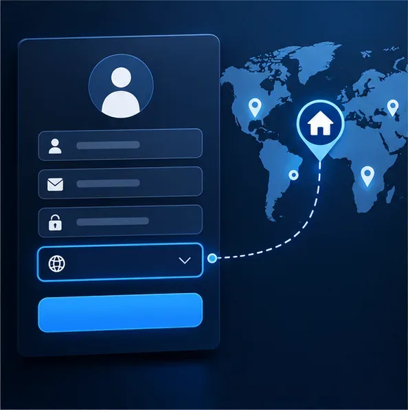 A generic account setup panel pairs a country selector with a home pin on a world map.