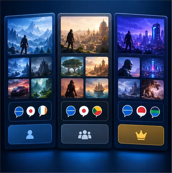 Three generic digital storefront cards show different game artwork, language icons, and subscription tiles.