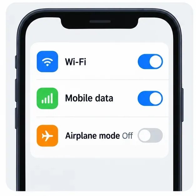 Illustrative phone network settings showing Wi-Fi, mobile data, and airplane mode controls