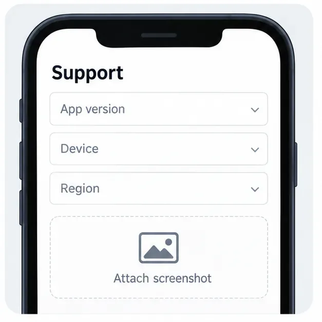 Illustrative support form with fields for app version, device, region, and a screenshot attachment
