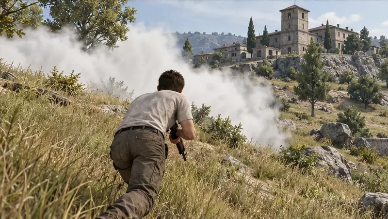 A lightly equipped player moves through grass beside a smoke screen toward a distant compound.