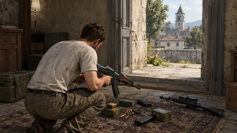 A lightly equipped battle royale character checks a rifle and ammunition inside a building.