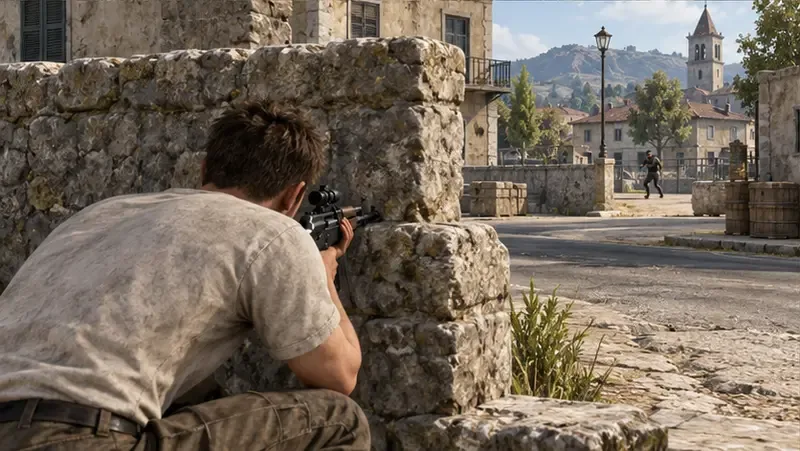 A lightly equipped player aims from behind a stone wall toward an opponent across a street.