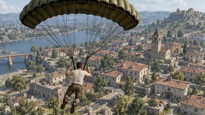A lightly equipped battle royale character parachutes toward a compact town at the start of a match.