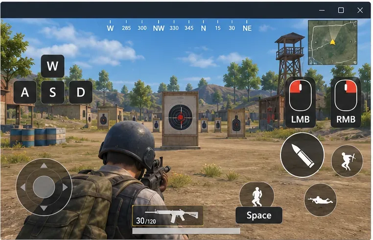 A practice-range scene with WASD, Space, and mouse-button labels aligned with the game controls.