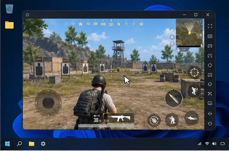 A mouse pointer inside a focused emulator window showing a battle-royale training area.