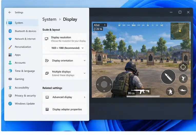 Windows display settings beside an emulator game window fitted to a 16:9 view.