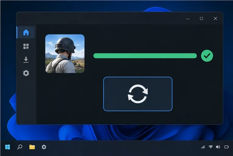 A dark game-launcher window showing a completed update and restart symbol.