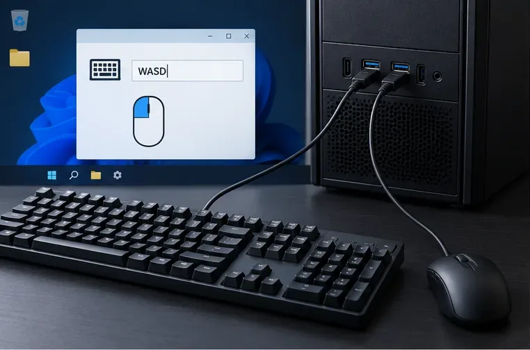 A keyboard and wired mouse connected to a PC beside a simple Windows input check showing WASD.