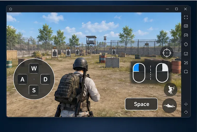 WASD, Space, and mouse-button control labels over a battle-royale practice screen.
