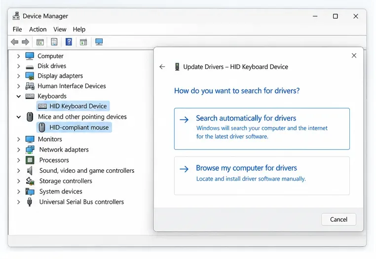 A Device Manager window with keyboard and mouse entries beside an HID driver update dialog.