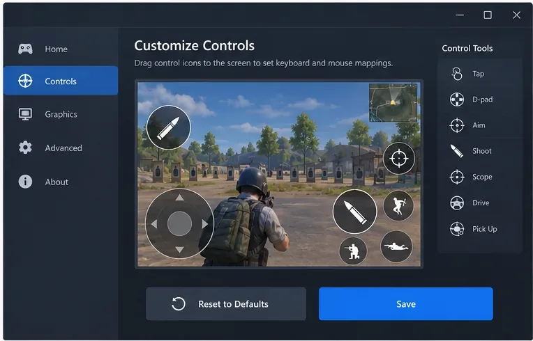 A game Controls and Customize panel with Reset to Defaults and Save buttons.