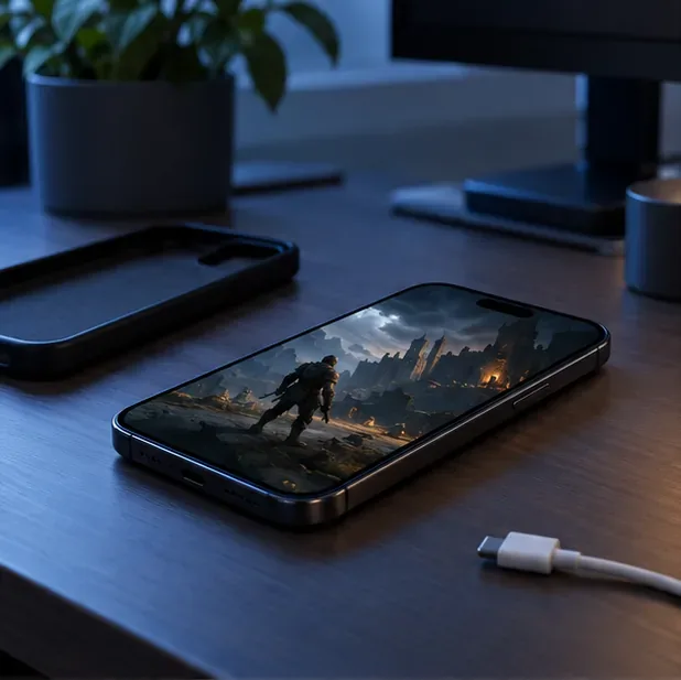 An iPhone resting in a shaded room with its case set aside and charging cable unplugged while it cools.