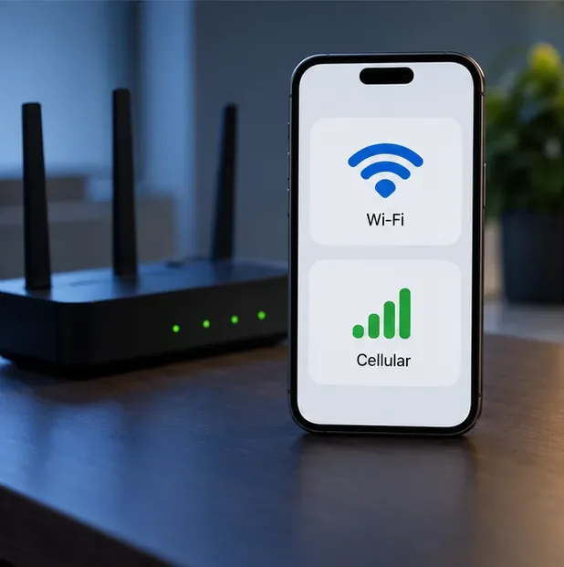 A Wi-Fi router beside a phone showing Wi-Fi and cellular indicators, representing a connection stability comparison.