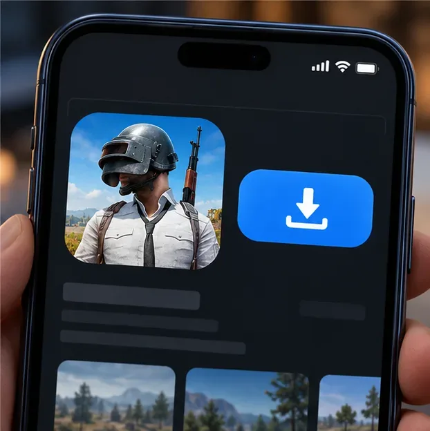 An iPhone screen illustration showing a mobile-game tile beside a download icon, representing an official App Store update.