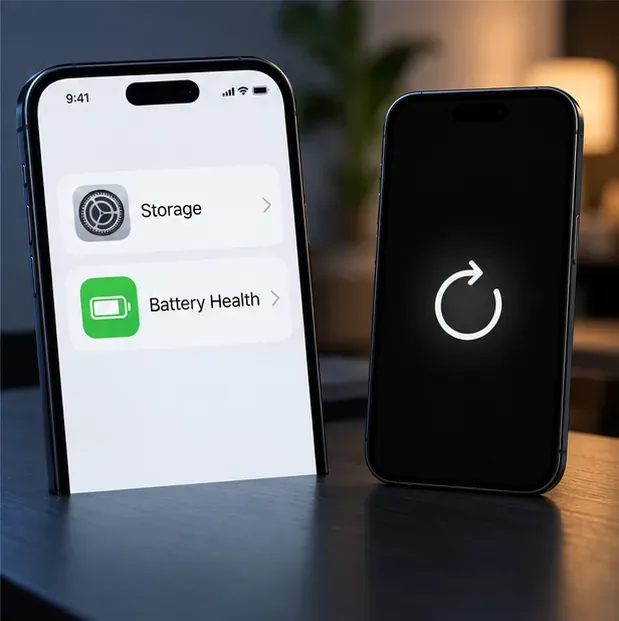An illustrative iPhone storage and Battery Health screen beside a restart symbol.