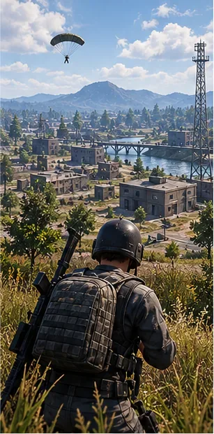 Detailed battle-royale landscape with dense vegetation and buildings, illustrating a visually busy scene.