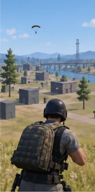 Simplified battle-royale landscape with fewer visible details, illustrating a lower graphics load.