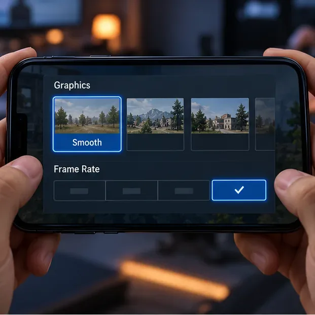 Illustrative mobile-game graphics menu with Smooth selected and a frame-rate row; the actual PUBG MOBILE menu and available options can differ.