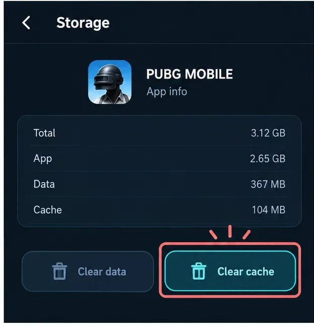 การตั้งค่าพื้นที่จัดเก็บข้อมูล PUBG MOBILE บน Android โดยมีการไฮไลต์ "ล้างแคช" และ "ล้างข้อมูล" แยกกัน