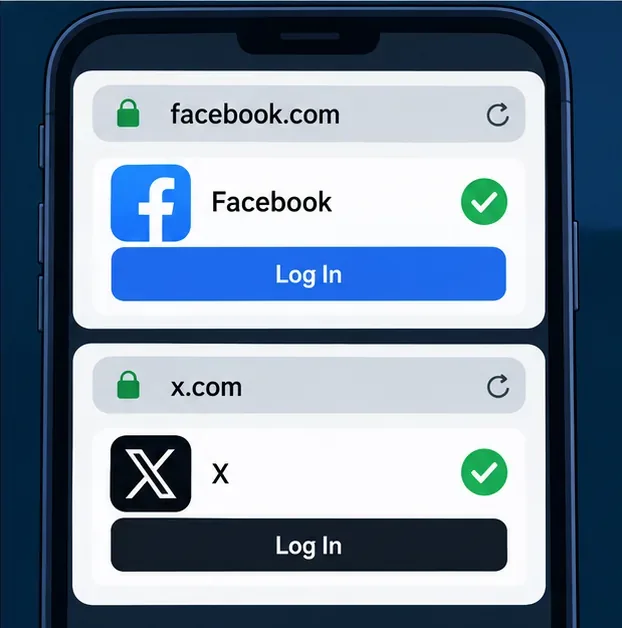 เบราว์เซอร์ที่ปลอดภัยจะแสดงหน้าเข้าสู่ระบบ Facebook และ X แยกต่างหาก เพื่อตรวจสอบบัญชีที่เชื่อมโยงไว้