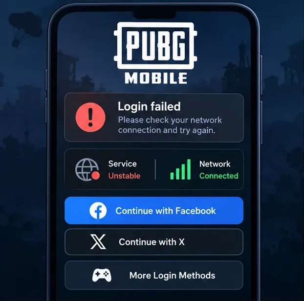 ภาพหน้าจอเข้าสู่ระบบ PUBG MOBILE ที่แสดงอยู่ข้างตัวบ่งชี้สถานะการให้บริการและเครือข่าย เป็นเพียงตัวอย่าง ไม่ใช่การตรวจสอบสถานะการใช้งานแบบเรียลไทม์