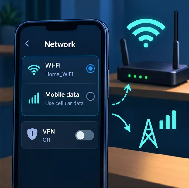โทรศัพท์ที่มีฟังก์ชั่นควบคุม Wi-Fi, ข้อมูลมือถือ และ VPN วางอยู่ข้างเราเตอร์ที่บ้าน