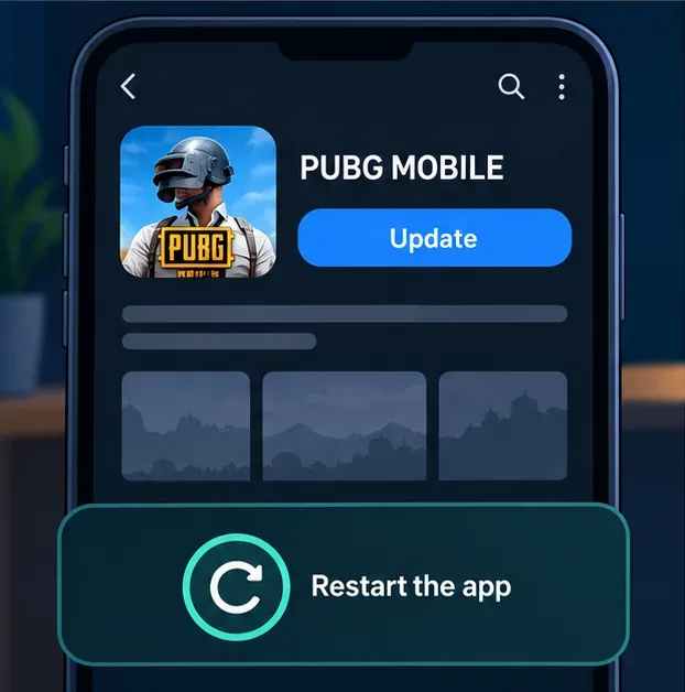 รายการแอป PUBG MOBILE พร้อมปุ่มอัปเดตและสัญลักษณ์รีสตาร์ท