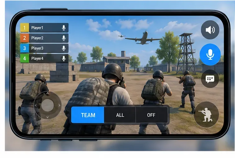 A conceptual squad-game screen shows microphone, speaker, and team voice controls