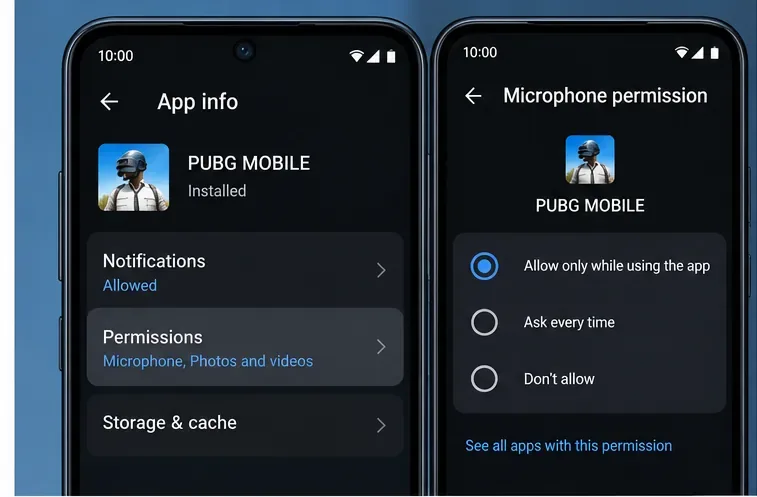Android app permission screens show PUBG MOBILE microphone access set to allow while the app is in use